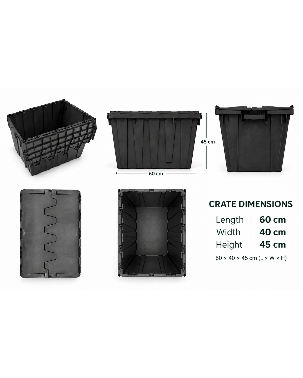 CrateGo crate dimensions: 60 x 40 x 45 cm (L x W x H)