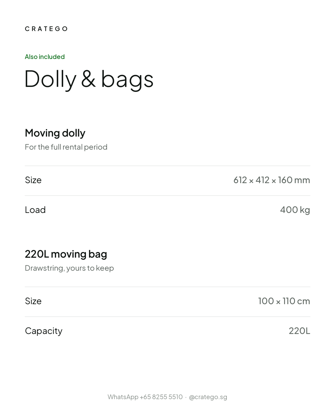 Moving dolly and 220L bag specs