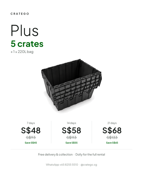 CrateGo Plus plan: 5 crates, 1 × 220L bag, from S$48
