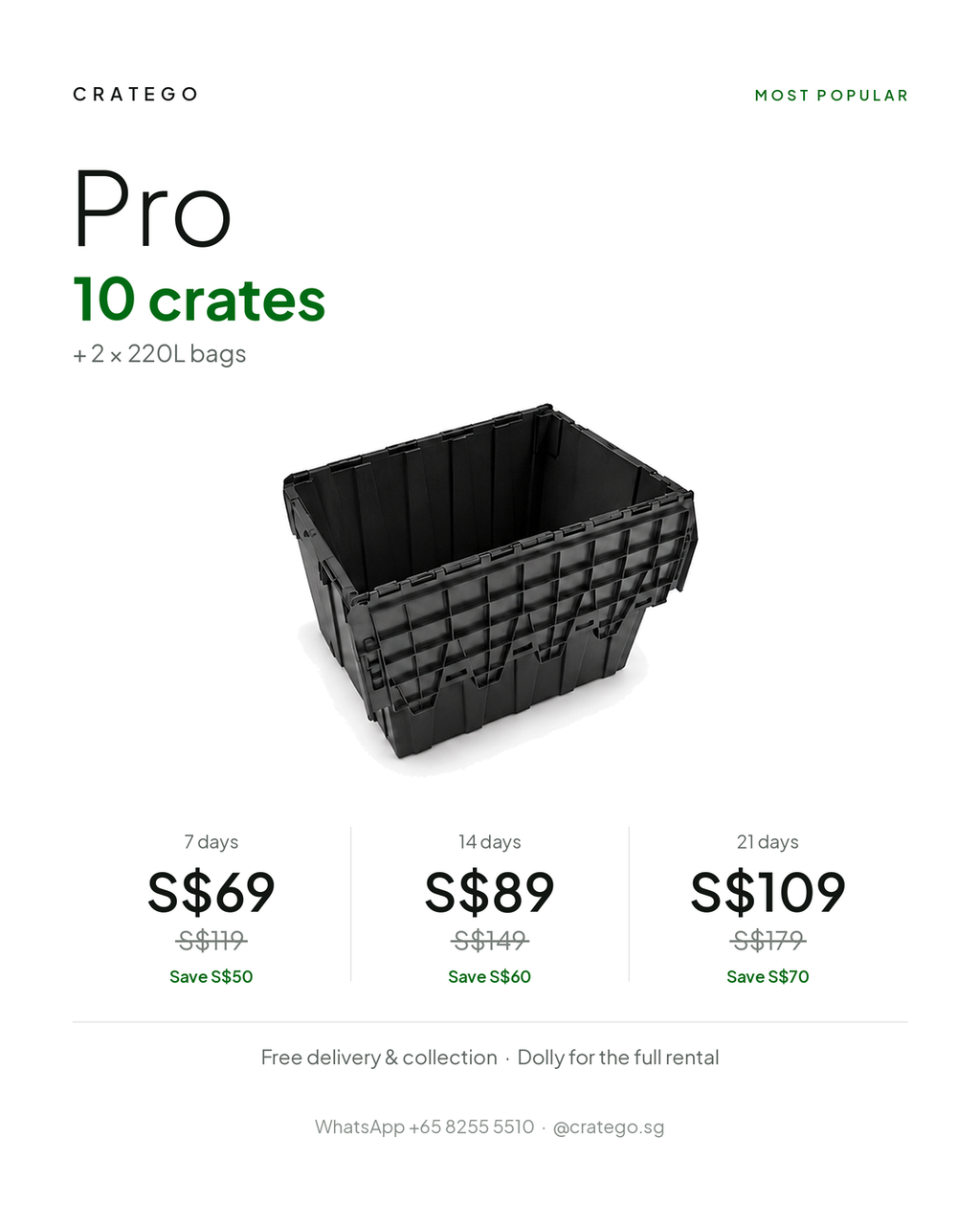 CrateGo Pro plan: 10 crates, 2 × 220L bags, from S$69