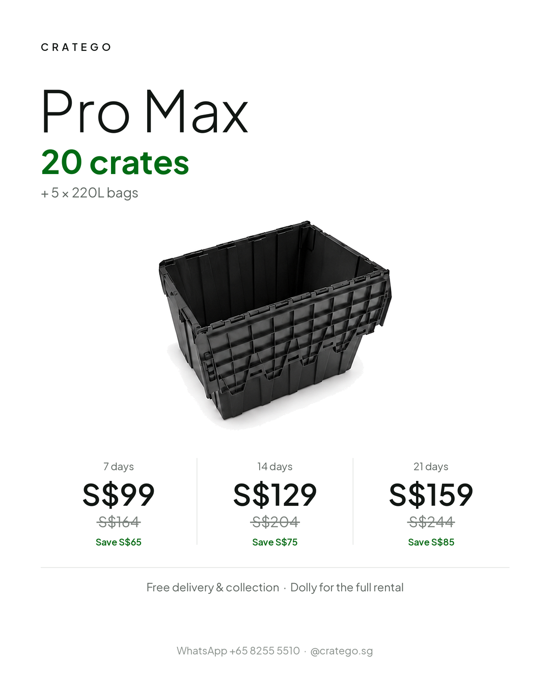 CrateGo Pro Max plan: 20 crates, from S$99