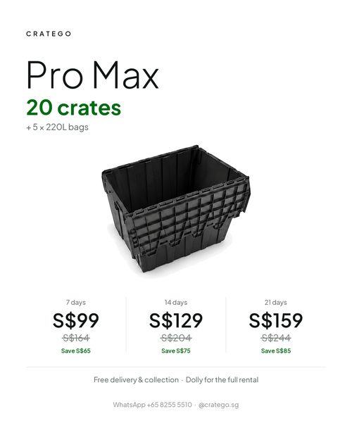 CrateGo Pro Max plan: 20 crates, 5 × 220L bags, from S$99