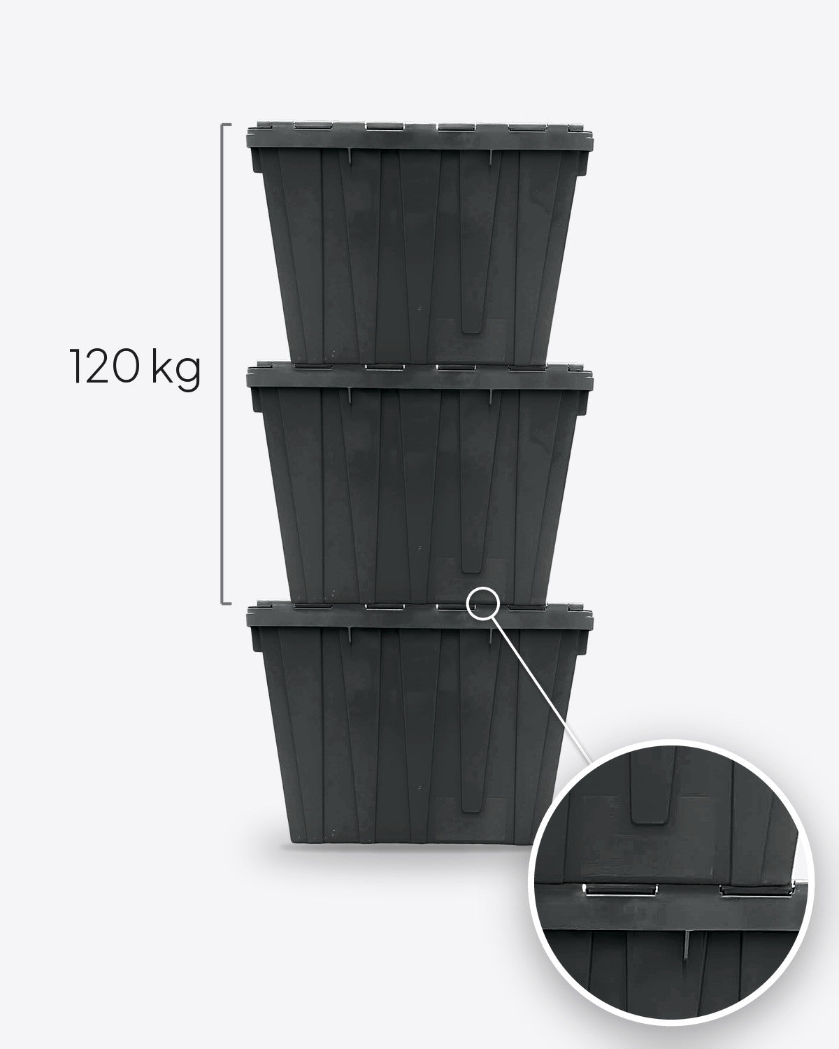 Three stacked CrateGo crates; the bottom crate is rated to bear up to 120 kg